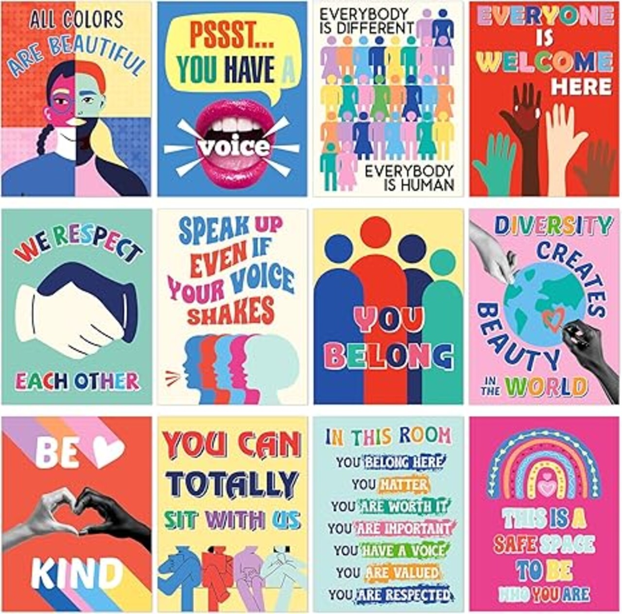12-Pack Diversity & Inclusion Classroom Posters – Inspirational Safe Space Wall Decor, Inclusive “Everyone Is Welcome” Educational Prints for Middle & High School, Office Bulletin Board Art, 11x14 Inch